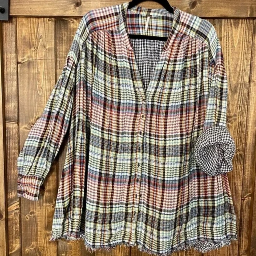 Free People Come On Over Plaid Oversized Button Down Blouse - Picture 8 of 8